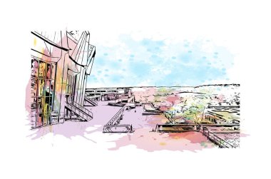 Print Building view, Almanya 'da Bochum eyaletinde yer alan bir şehirdir. Vektörde elle çizilmiş resim ile suluboya sıçraması.