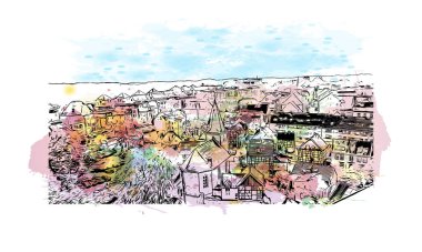 Print Building view, Almanya 'da Bochum eyaletinde yer alan bir şehirdir. Vektörde elle çizilmiş resim ile suluboya sıçraması.