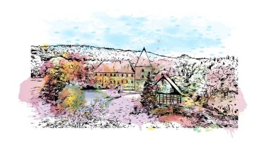 Print Building view, Almanya 'da Bochum eyaletinde yer alan bir şehirdir. Vektörde elle çizilmiş resim ile suluboya sıçraması.