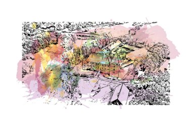 Print Building view, Almanya 'da Bochum eyaletinde yer alan bir şehirdir. Vektörde elle çizilmiş resim ile suluboya sıçraması.