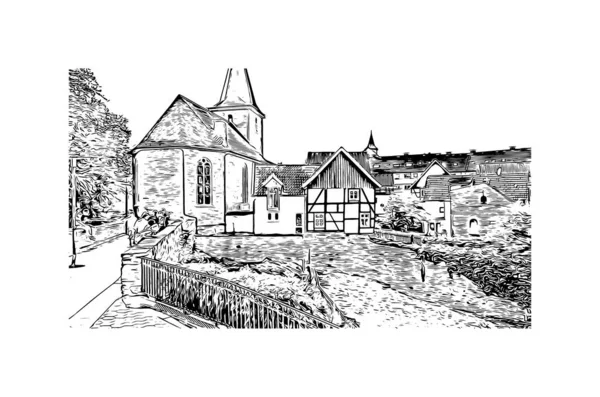 具有波鸿地标的印刷建筑景观是德国西部的一个城市 矢量手绘草图 — 图库矢量图片