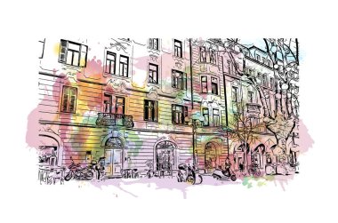 Bolzano 'nun simgesi olan Print Building view İtalya' da yer almaktadır. Vektörde elle çizilmiş resim ile suluboya sıçraması.