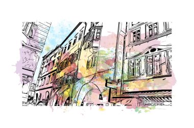 Bolzano 'nun simgesi olan Print Building view İtalya' da yer almaktadır. Vektörde elle çizilmiş resim ile suluboya sıçraması.