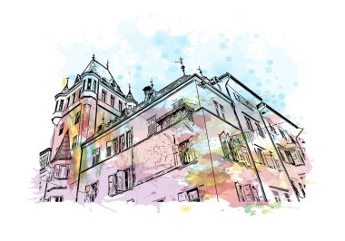 Bolzano 'nun simgesi olan Print Building view İtalya' da yer almaktadır. Vektörde elle çizilmiş resim ile suluboya sıçraması.