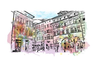 Bolzano 'nun simgesi olan Print Building view İtalya' da yer almaktadır. Vektörde elle çizilmiş resim ile suluboya sıçraması.