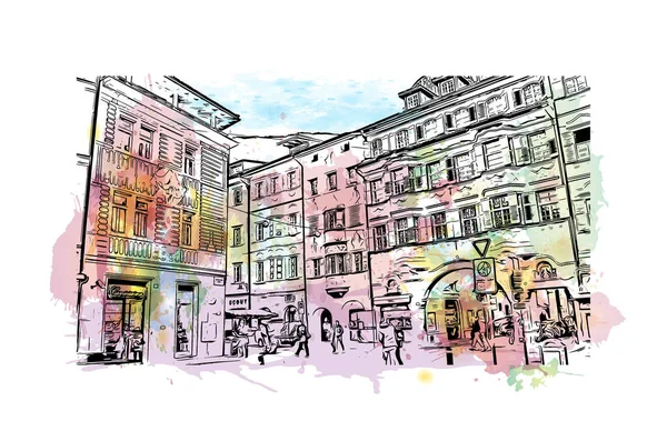 Print Building View Landmark Bolzano Staden Italien Akvarell Stänk Med — Stock vektor