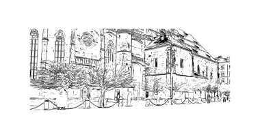 Bolzano 'nun simgesi olan Print Building view İtalya' da yer almaktadır. Vektörde elle çizilmiş çizim çizimi.
