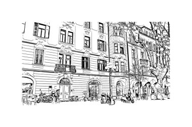 Bolzano 'nun simgesi olan Print Building view İtalya' da yer almaktadır. Vektörde elle çizilmiş çizim çizimi.