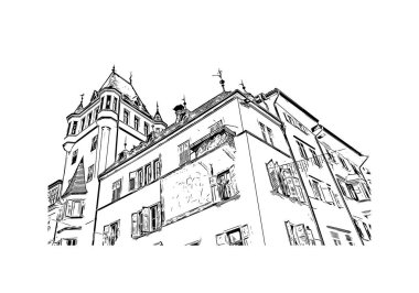 Bolzano 'nun simgesi olan Print Building view İtalya' da yer almaktadır. Vektörde elle çizilmiş çizim çizimi.