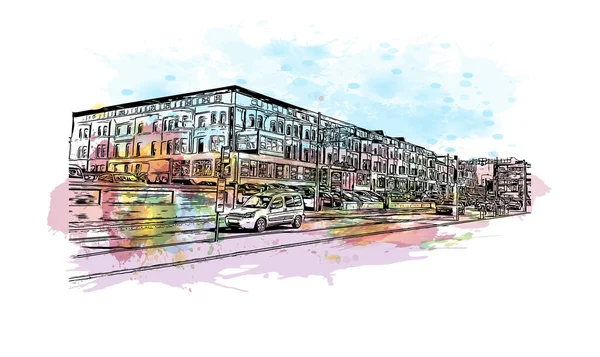 Print Building view with landmark of Blackpool, İrlanda Denizi kıyısında bir tatil köyüdür. Vektörde elle çizilmiş resim ile suluboya sıçraması.