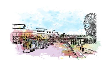 Print Building view with landmark of Blackpool, İrlanda Denizi kıyısında bir tatil köyüdür. Vektörde elle çizilmiş resim ile suluboya sıçraması.