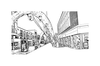 Print Building view with landmark of Blackpool, İrlanda Denizi kıyısında bir tatil köyüdür. Vektörde elle çizilmiş çizim çizimi.