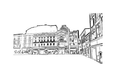 Print Building view with landmark of Blackpool, İrlanda Denizi kıyısında bir tatil köyüdür. Vektörde elle çizilmiş çizim çizimi.