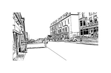 Print Building view with landmark of Blackpool, İrlanda Denizi kıyısında bir tatil köyüdür. Vektörde elle çizilmiş çizim çizimi.