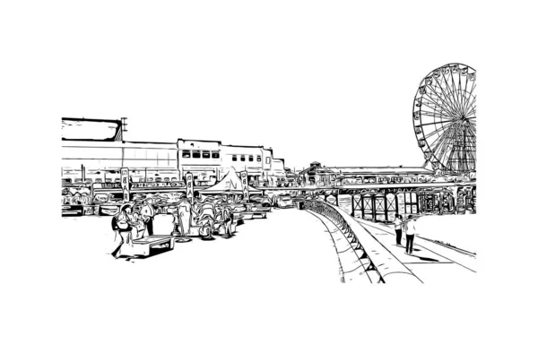 Vytisknout Pohled Budovu Orientačním Bodem Blackpoolu Přímořské Letovisko Pobřeží Irského — Stockový vektor