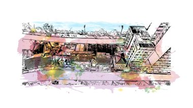 Print Building view with landmark of Blumenau Güney Brezilya 'da bir şehirdir. Vektörde elle çizilmiş resim ile suluboya sıçraması.