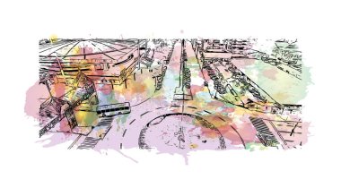 Print Building view with landmark of Blumenau Güney Brezilya 'da bir şehirdir. Vektörde elle çizilmiş resim ile suluboya sıçraması.