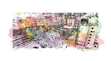 Print Building view with landmark of Blumenau Güney Brezilya 'da bir şehirdir. Vektörde elle çizilmiş resim ile suluboya sıçraması.