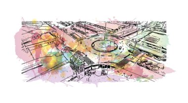 Print Building view with landmark of Blumenau Güney Brezilya 'da bir şehirdir. Vektörde elle çizilmiş resim ile suluboya sıçraması.