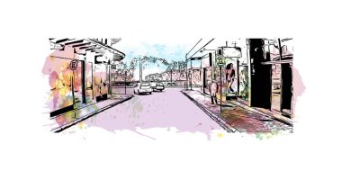 Print Building view with landmark of Blumenau Güney Brezilya 'da bir şehirdir. Vektörde elle çizilmiş resim ile suluboya sıçraması.