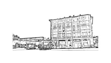 Print Building view with landmark of Bologna is the city in Italy. Vektörde elle çizilmiş çizim çizimi.
