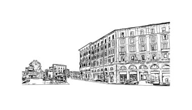 Print Building view with landmark of Bologna is the city in Italy. Vektörde elle çizilmiş çizim çizimi.