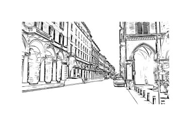 Print Building view with landmark of Bologna is the city in Italy. Vektörde elle çizilmiş çizim çizimi.