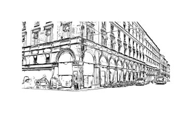 Print Building view with landmark of Bologna is the city in Italy. Vektörde elle çizilmiş çizim çizimi.