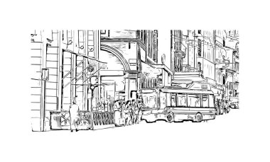 Print Building view with landmark of Bologna is the city in Italy. Vektörde elle çizilmiş resim ile suluboya sıçraması.