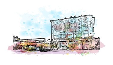 Print Building view with landmark of Bologna is the city in Italy. Vektörde elle çizilmiş resim ile suluboya sıçraması.