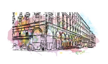 Print Building view with landmark of Bologna is the city in Italy. Vektörde elle çizilmiş resim ile suluboya sıçraması.