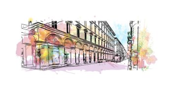 Print Building view with landmark of Bologna is the city in Italy. Vektörde elle çizilmiş resim ile suluboya sıçraması.