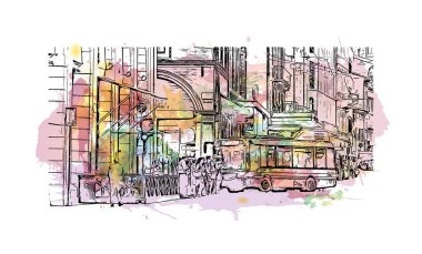 Print Building view with landmark of Bologna is the city in Italy. Vektörde elle çizilmiş resim ile suluboya sıçraması.