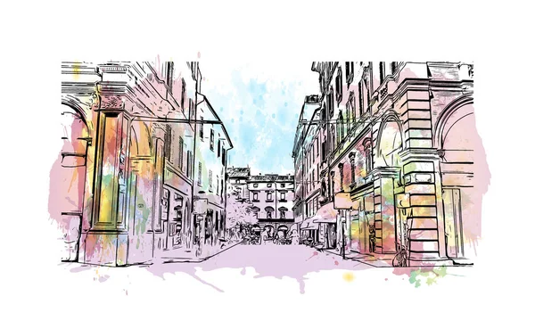 Print Building View Landmark Bologna Staden Italien Akvarell Stänk Med — Stock vektor
