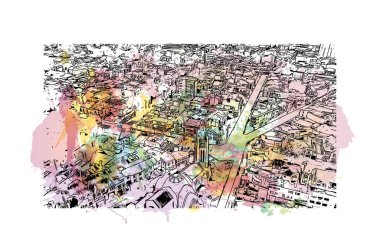 Bogota 'nın simgesi olan Print Building View Kolombiya' nın başkentidir. Vektörde elle çizilmiş resim ile suluboya sıçraması.