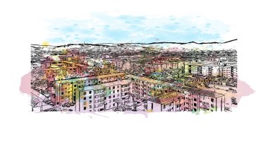 Bogota 'nın simgesi olan Print Building View Kolombiya' nın başkentidir. Vektörde elle çizilmiş resim ile suluboya sıçraması.