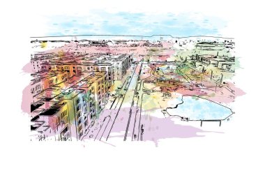 Bogota 'nın simgesi olan Print Building View Kolombiya' nın başkentidir. Vektörde elle çizilmiş resim ile suluboya sıçraması.