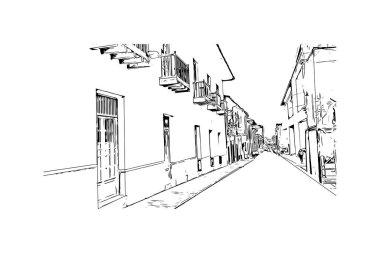 Bogota 'nın simgesi olan Print Building View Kolombiya' nın başkentidir. Vektörde elle çizilmiş çizim çizimi.