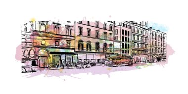 Print Building view with landmark of Bologna is the city in Italy. Vektörde elle çizilmiş resim ile suluboya sıçraması.