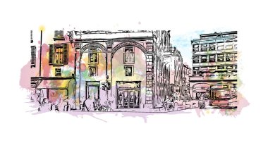 Print Building view with landmark of Bologna is the city in Italy. Vektörde elle çizilmiş resim ile suluboya sıçraması.