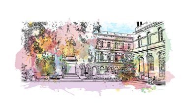 Print Building view with landmark of Bologna is the city in Italy. Vektörde elle çizilmiş resim ile suluboya sıçraması.