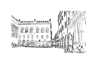 Print Building view with landmark of Bologna is the city in Italy. Vektörde elle çizilmiş çizim çizimi.