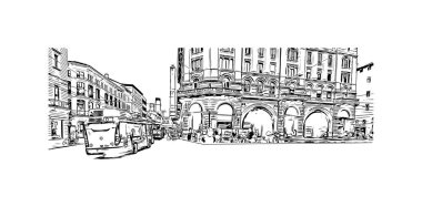 Print Building view with landmark of Bologna is the city in Italy. Vektörde elle çizilmiş çizim çizimi.