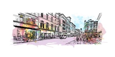 Print Building view with landmark of Bologna is the city in Italy. Vektörde elle çizilmiş resim ile suluboya sıçraması.