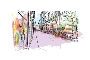 Print Building view with landmark of Bologna is the city in Italy. Vektörde elle çizilmiş resim ile suluboya sıçraması.