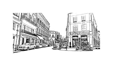 Print Building view with landmark of Bordeaux is the city of France. Vektörde elle çizilmiş çizim çizimi.