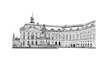 Print Building view with landmark of Bordeaux is the city of France. Vektörde elle çizilmiş çizim çizimi.