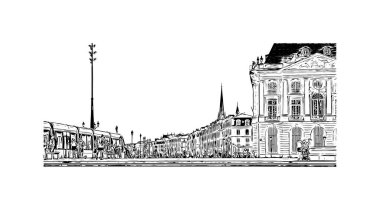 Print Building view with landmark of Bordeaux is the city of France. Vektörde elle çizilmiş çizim çizimi.