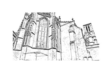 Print Building view with landmark of Bordeaux is the city of France. Vektörde elle çizilmiş çizim çizimi.