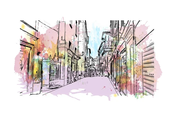 볼로냐의 랜드마크가 전망은 이탈리아의 도시이다 벡터에 손으로 스케치 수채화 물보라 — 스톡 벡터